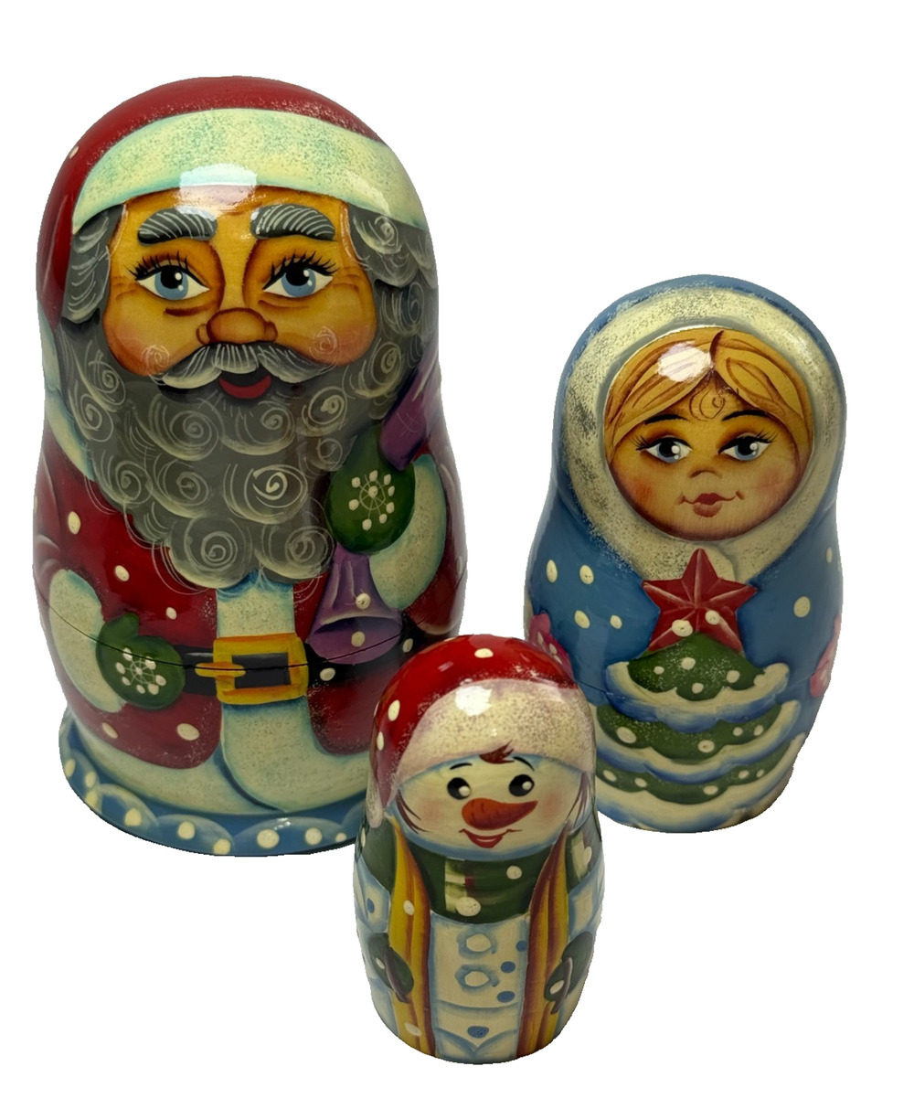 Vintage Russian Matryoshka Nesting Dolls 3 Piece Signed Santa Snowman Princess